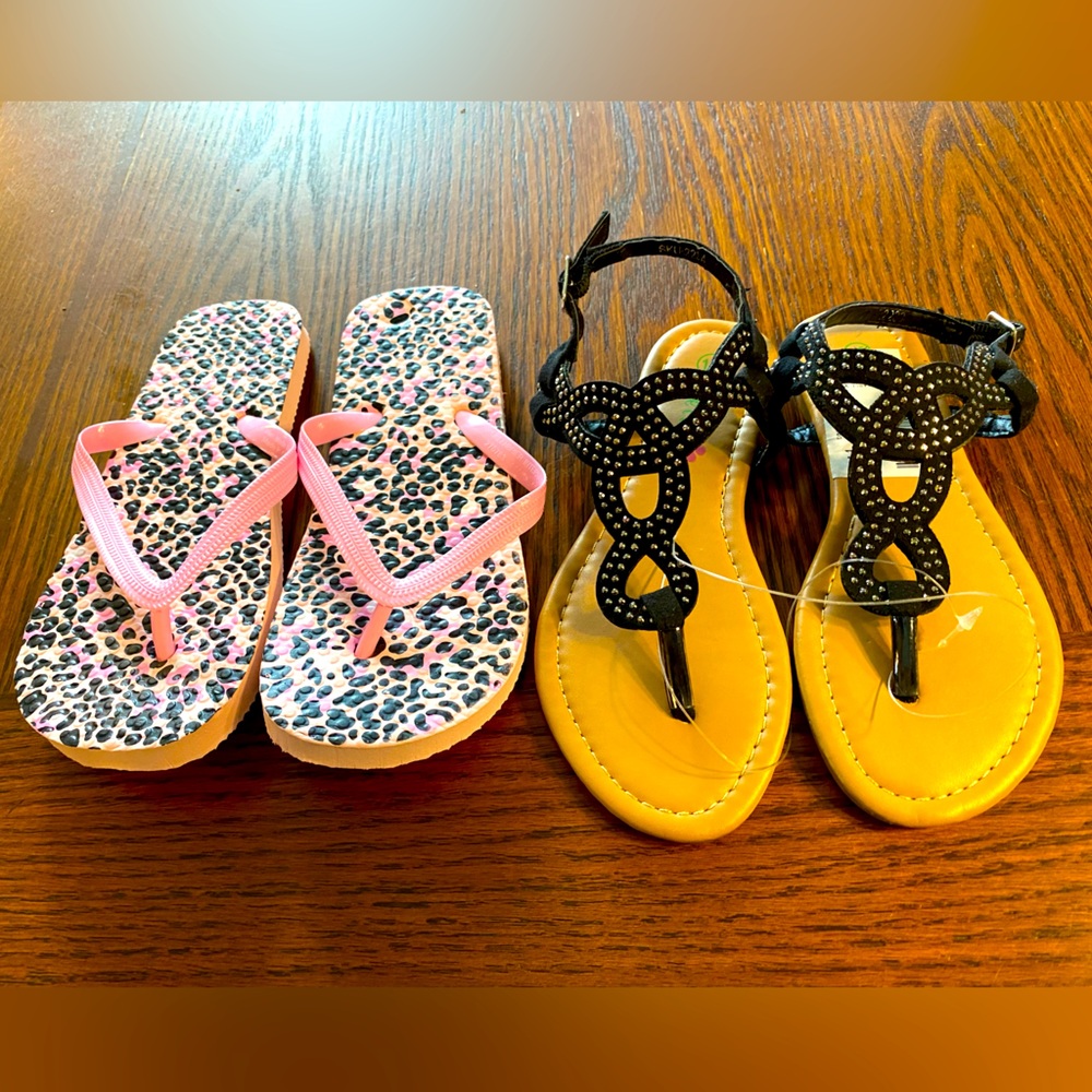 2 pairs girls’ sz 12 sandals: Black studded gladiators & pink leopard flip-flops